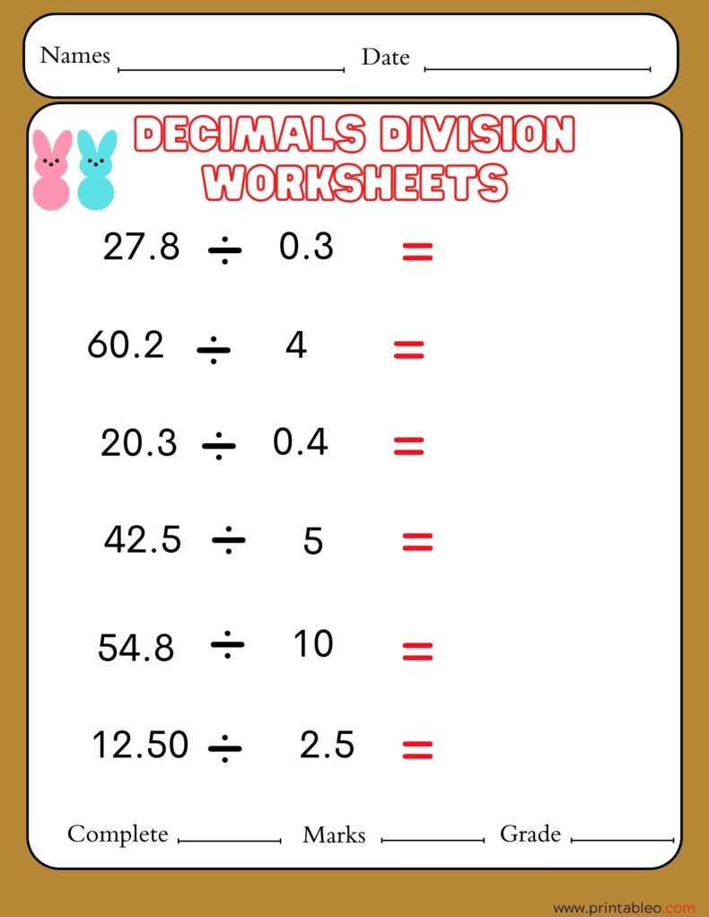Decimal Division Worksheet Fifth Grades
