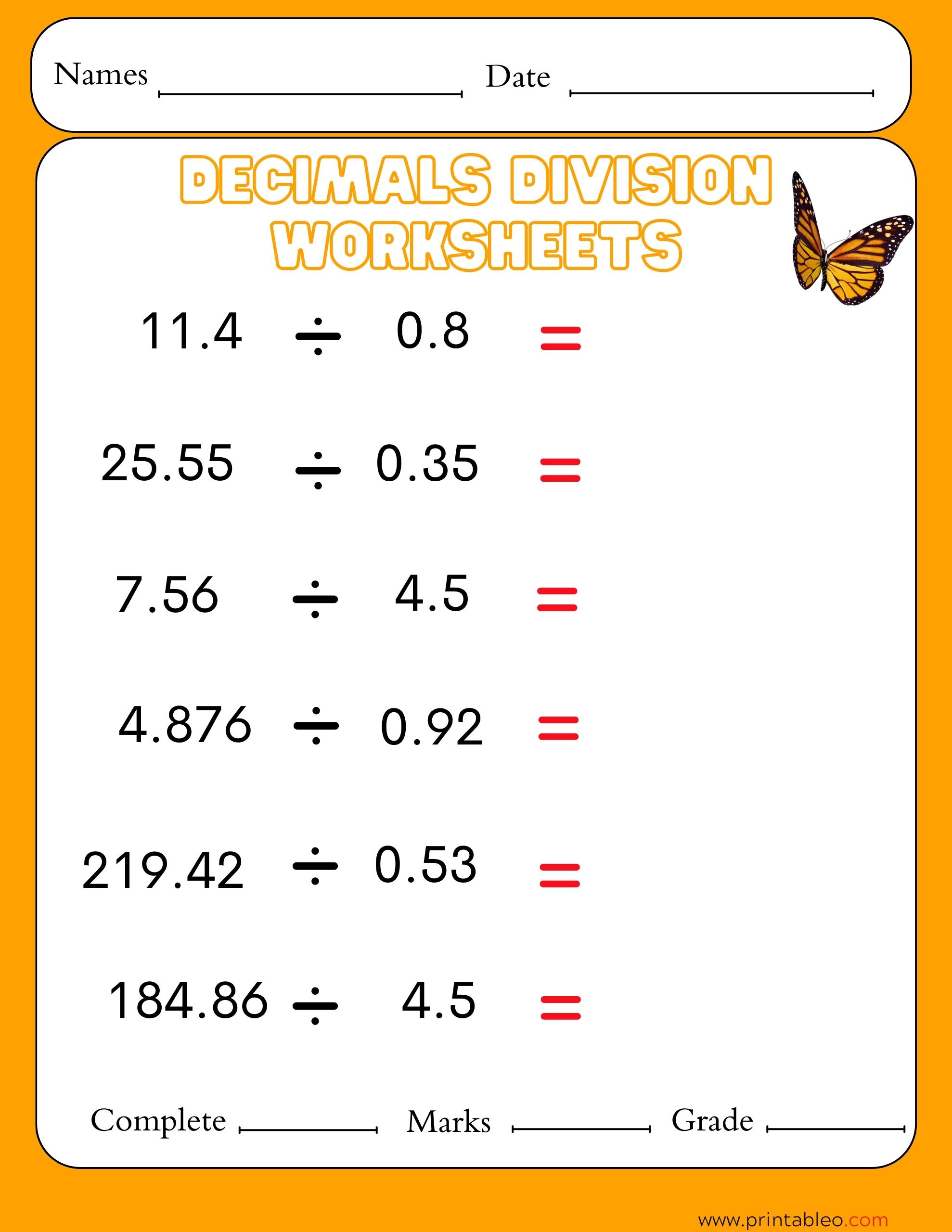 Decimal Division Number Worksheet With Lesson Plan