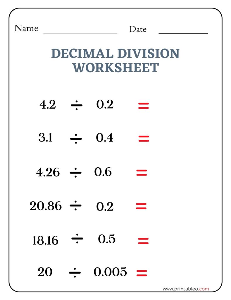Decimals Divisions Worksheets