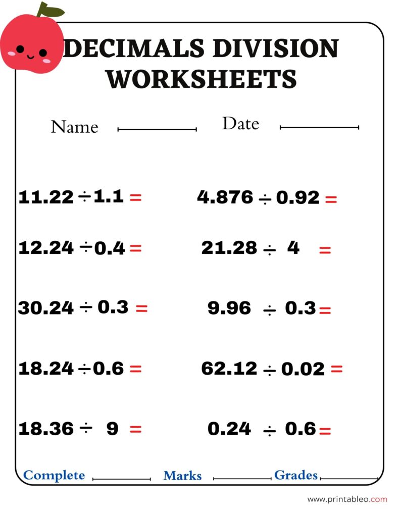 Division of Decimals Worksheet 4th Grade